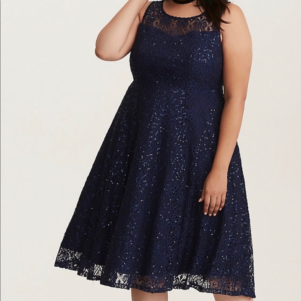 Navy Sequin Lace Illusion Midi Skater Dress Sz 26